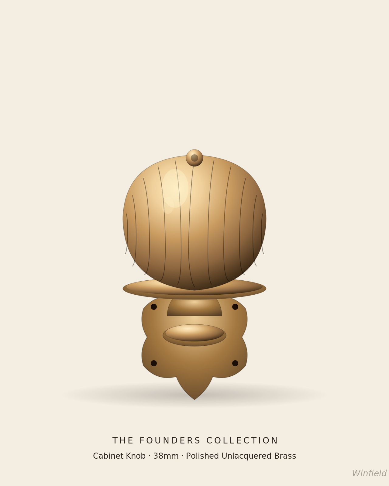 Founders Cabinet Knob — fluted melon, four-pointed backplate, solid brass
