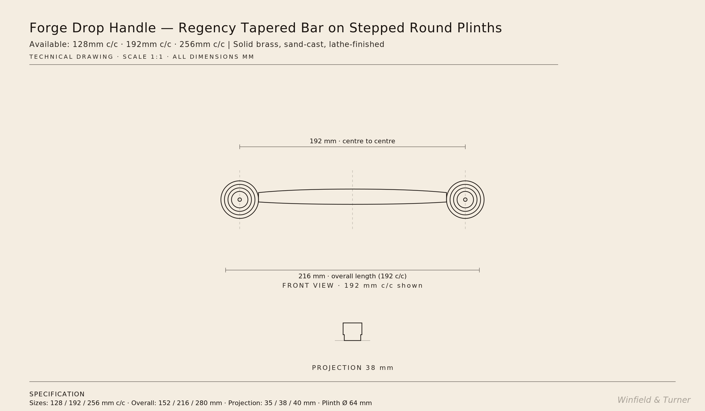 Forge Drop Handle technical drawing with dimensions