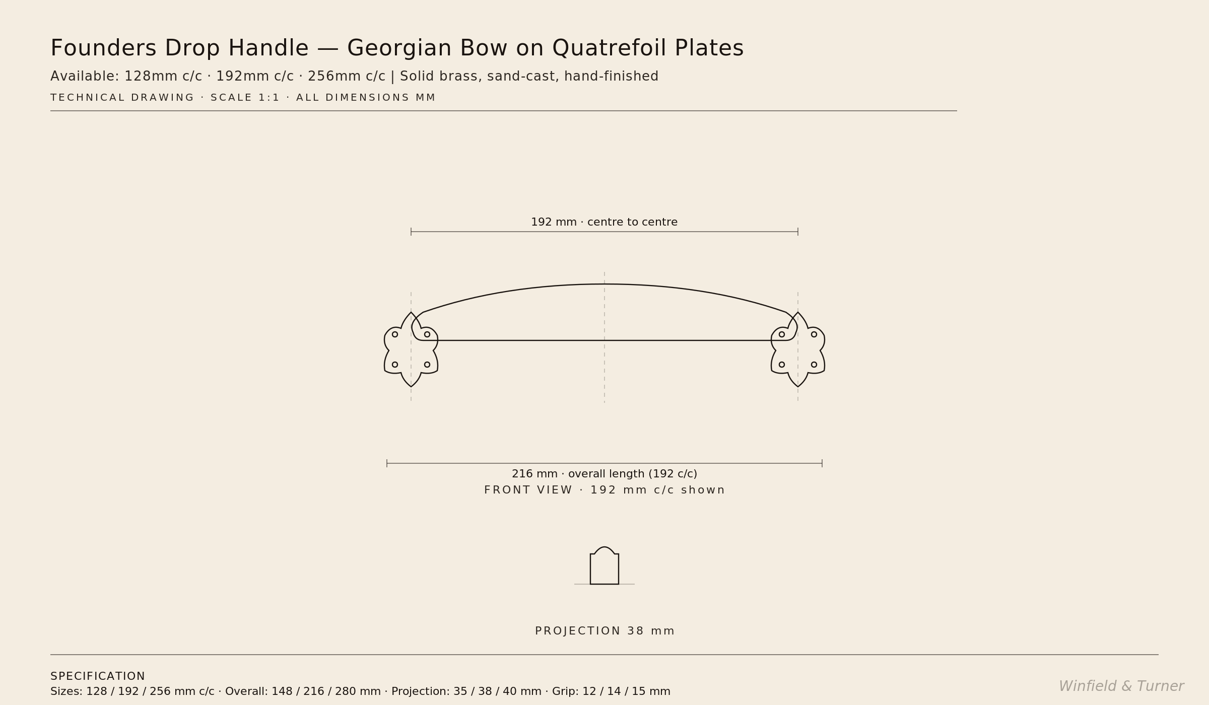 Founders Drop Handle technical drawing with dimensions