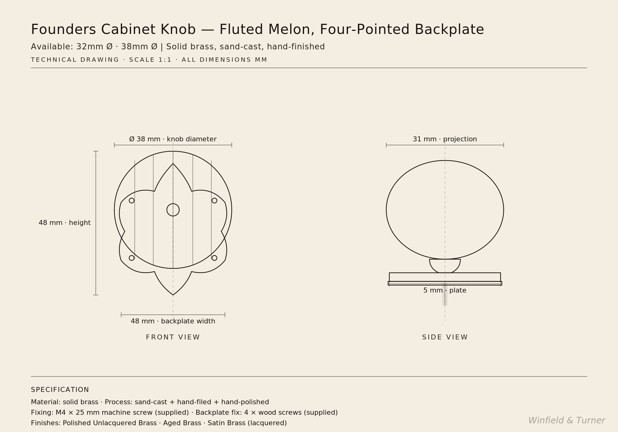 Founders Cabinet Knob technical drawing with dimensions
