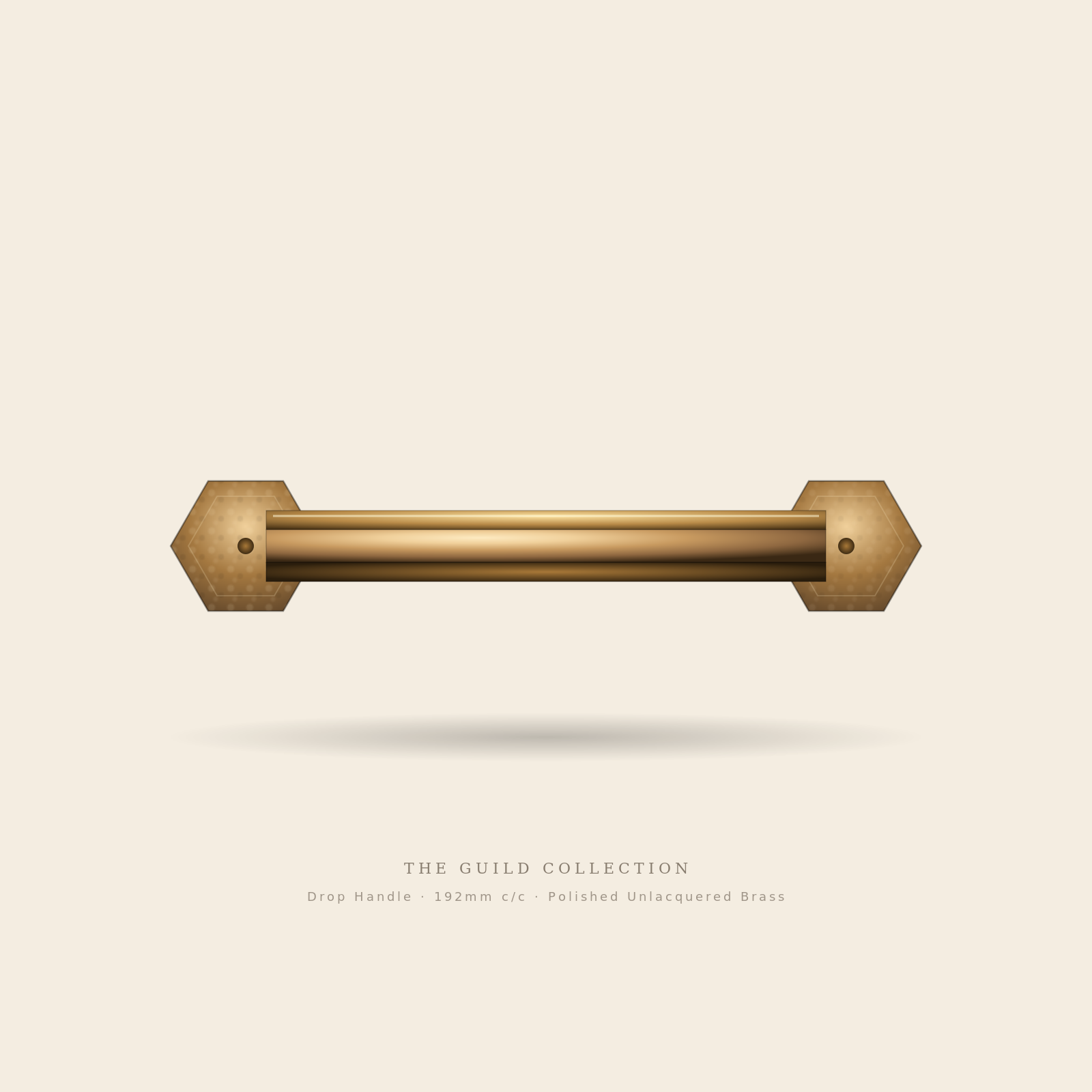 Guild Drop Handle — hexagonal brass bar with hammered hexagonal terminals